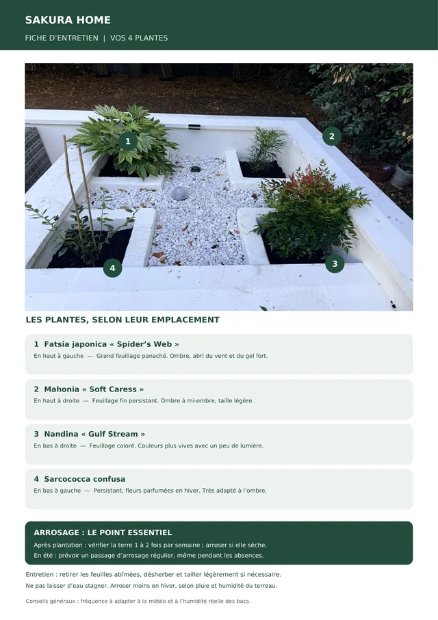Fiche d'entretien Sakura Home : photo du massif avec les plantes numérotées, description de chaque plante et conseils d'arrosage