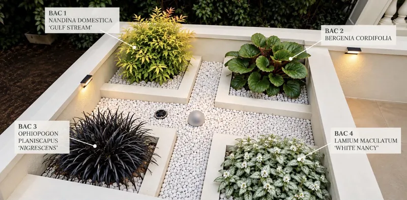 Simulation de la première proposition : Nandina, Bergenia, Ophiopogon noir et Lamium dans les quatre bacs