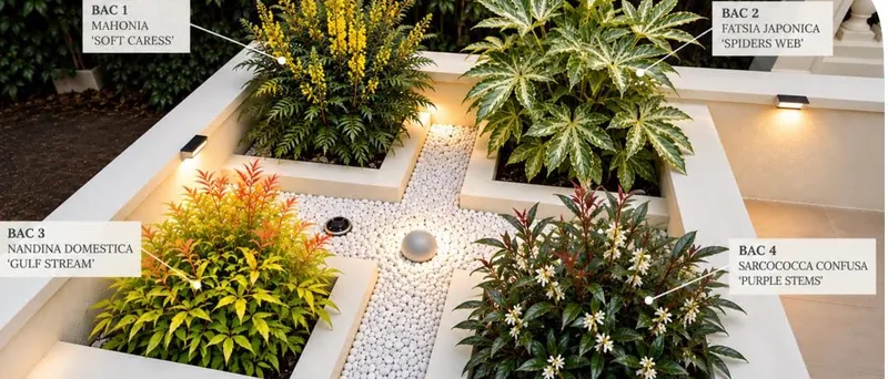Simulation de la seconde proposition : Mahonia, Fatsia, Nandina et Sarcococca dans les quatre bacs