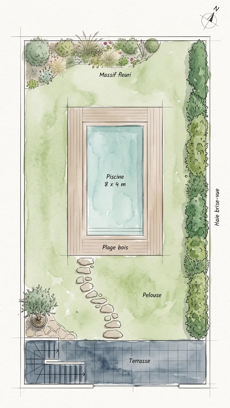 Plan d'aménagement aquarellé vu de dessus : terrasse, pelouse, piscine 8 x 4 m, plage bois, haie brise-vue, massif fleuri
